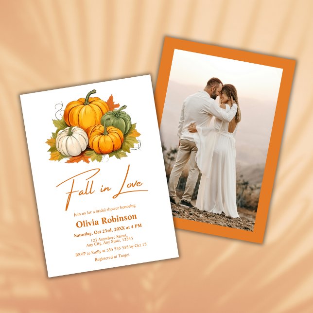 Convite Chá de panela de Fotografias de Pumpkin Russo no A (Fall in Love Autumn Rustic Pumpkin Photo Bridal Shower Invitation  )