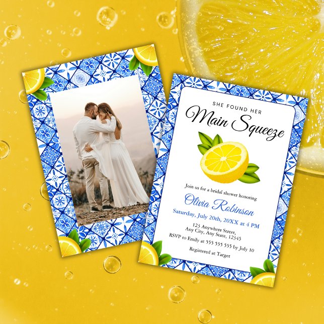 Convite Chá de panela de Fotografias do Mediterrâneo Princ (She Found Her Main Squeeze Mediterranean Lemon Photo Bridal Shower Invitation    )
