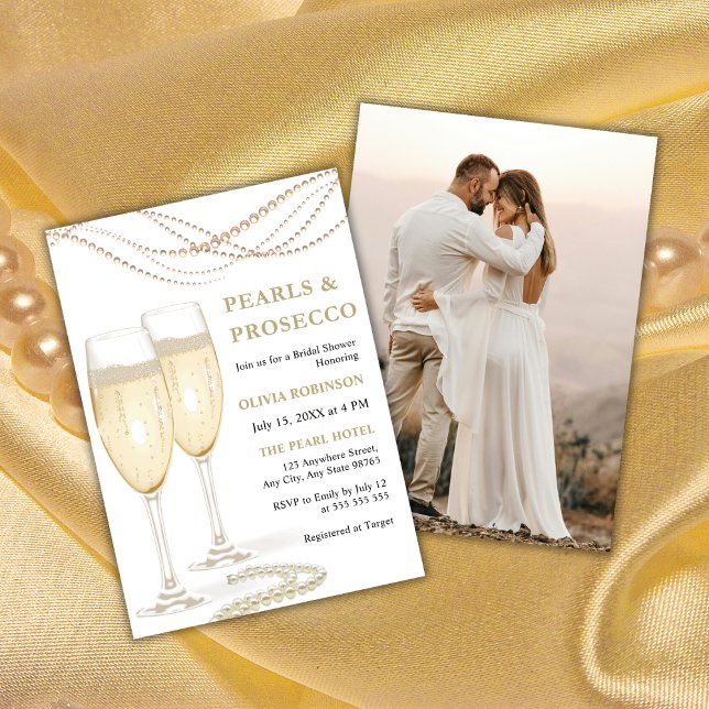 Convite Chá de panela de Fotografias Elegantes Douradas e  (Gold Elegant Pearls & Prosecco Photo Bridal Shower Invitation )