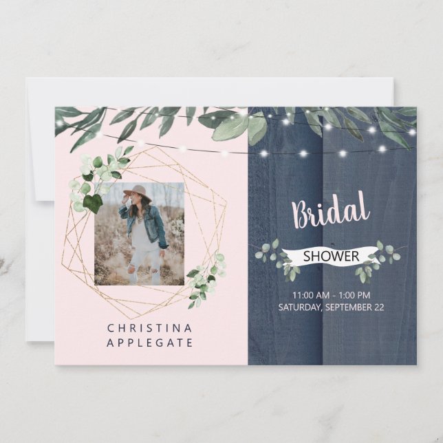 Convite Chá de panela de Fotografias Rustic Wood Blush & M (Frente)