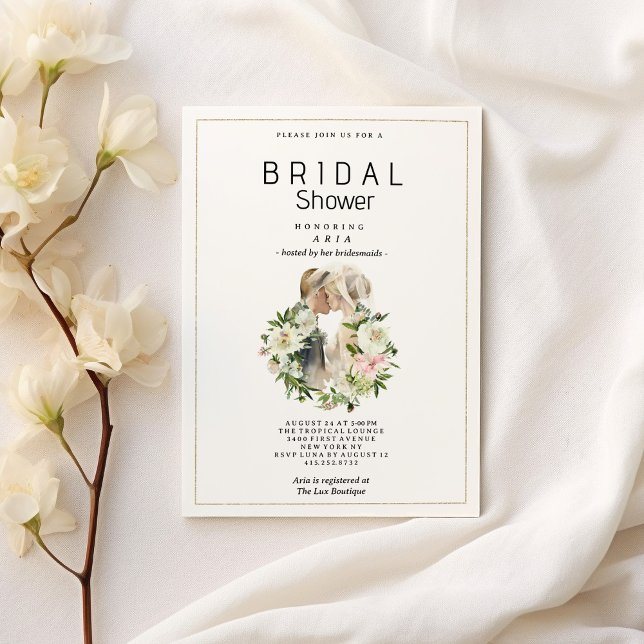 Convite Chá de panela de fotos do casal floral branco-rosa (Mint pink white floral couple photo Bridal Shower)