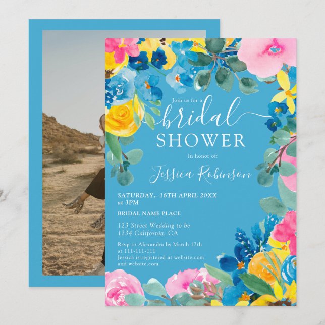 Convite Chá de panela de fotos florais azul-russo (Frente/Verso)