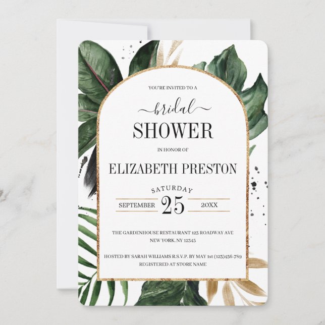 Convite Chá de panela de Frame de Arco de Folhas Tropicais (Frente)