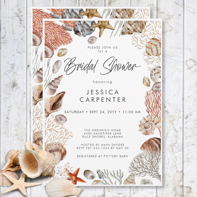 Convite Chá de panela de Frame de Célula Tropical Moderna (Modern Tropical Seashell Frame Bridal Shower Invitation)