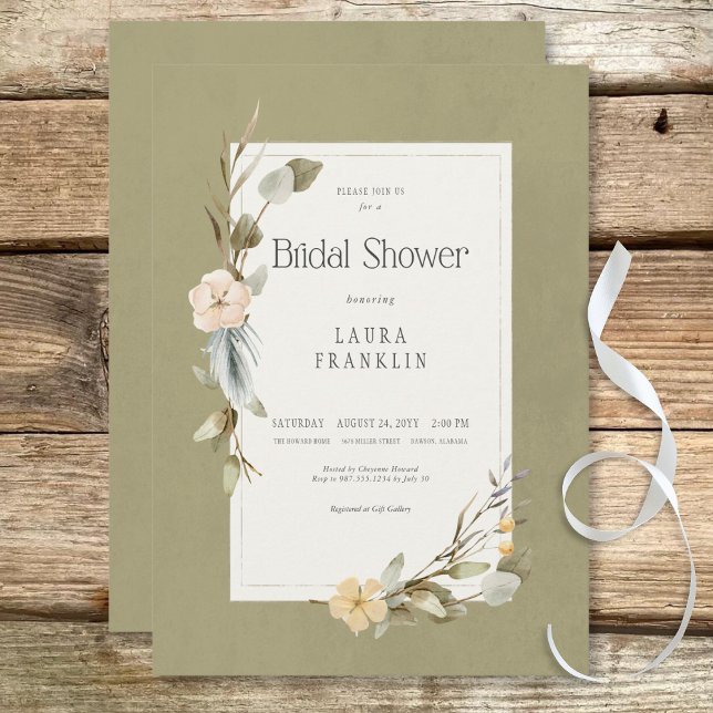 Convite Chá de panela de Frame Floral de Boho Seco (Dried Boho Floral Frame Sage Bridal Shower Invitation)