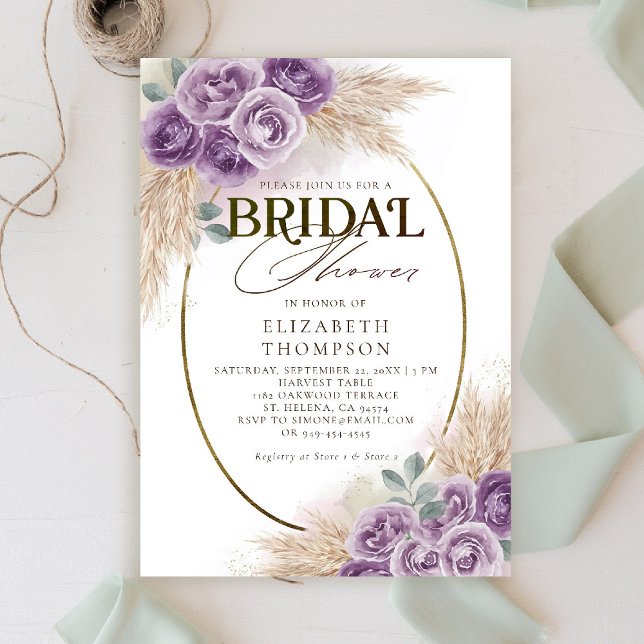 Convite Chá de panela de Frame Floral Russo Purple Boho Ch (boho chic rustic purple bridal shower invitation watercolor elegant floral frame barn ranch garden)