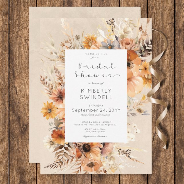 Convite Chá de panela de Frame Floral Rustic Boho Fall (Rustic Boho Fall Floral Frame Bridal Shower Invitation)