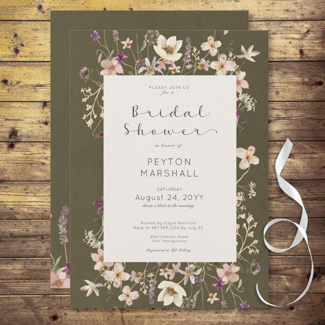 Convite Chá de panela de Frame Verde de Flor Selvagem Russ (Rustic Pink Wildflower Frame Bridal Shower Invitation)