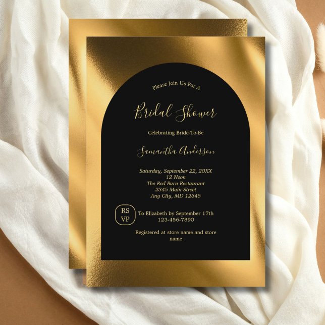Convite Chá de panela de Gama de Na moda Moderno Dourado P (Black Gold Foil Elegant Stylish Chic Modern Bridal Shower invitation)