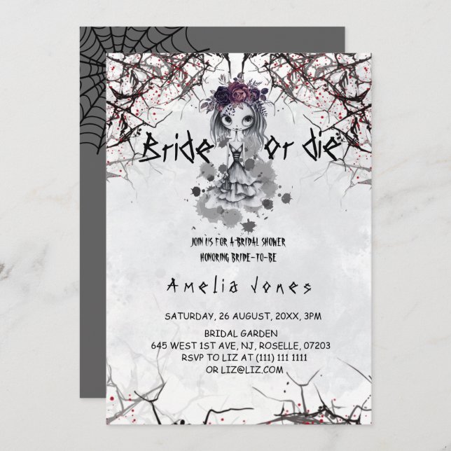 Convite Chá de panela de Garota Gótica Floral de Halloween (Frente/Verso)