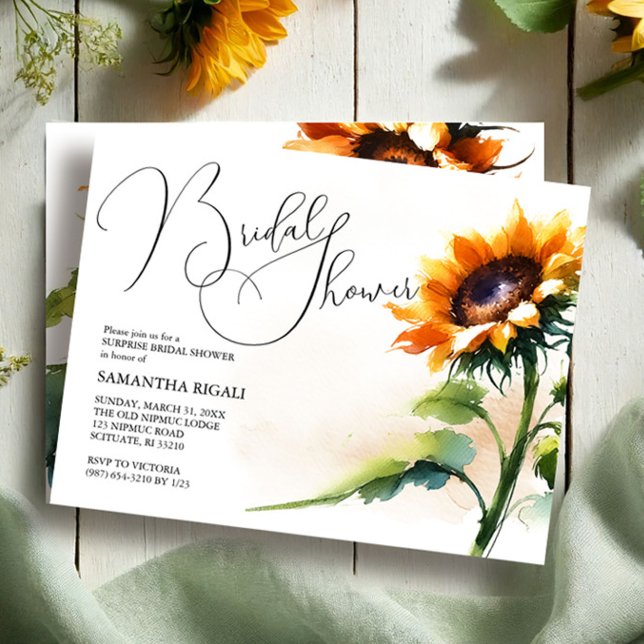 Convite Chá de panela de girassol (rustic sunflower bridal shower invitations in watercolor shades of yellow and green by VG Invites)