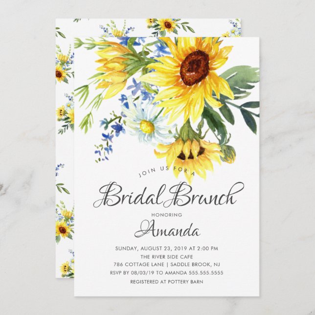 Convite Chá de panela de girassol amarelo Brunch (Frente/Verso)