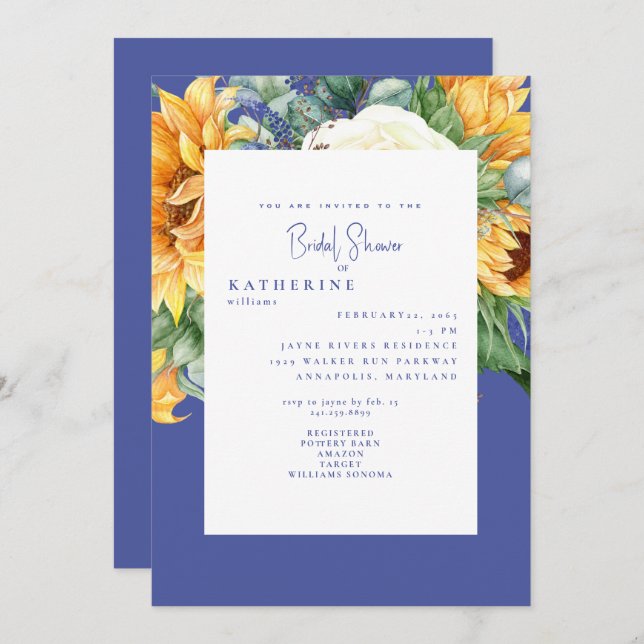 Convite Chá de panela de girassol azul de Cobalto de Verão (Frente/Verso)