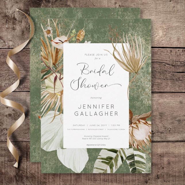 Convite Chá de panela de Grama Floral Boho Verde (Boho Green Floral Grass Bridal  Shower Invitation)