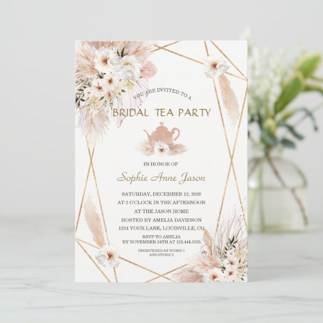 Convite Chá de panela de Grama Pampas de Rosas Brancas do  (Em pé/Frente)