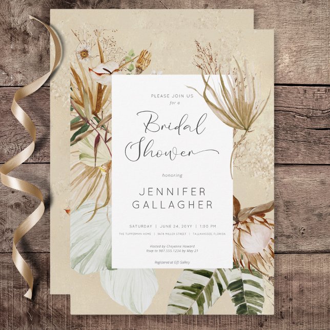 Convite Chá de panela de Grass Floral Boho Tan (Boho Tan Floral Grass Bridal Shower Invitation)