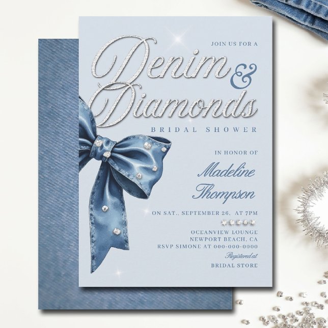 Convite Chá de panela de Grelha Arco Azul Denim Diamantes (denim and diamonds bridal shower ideas invitation elegant bow classy script blue white template)