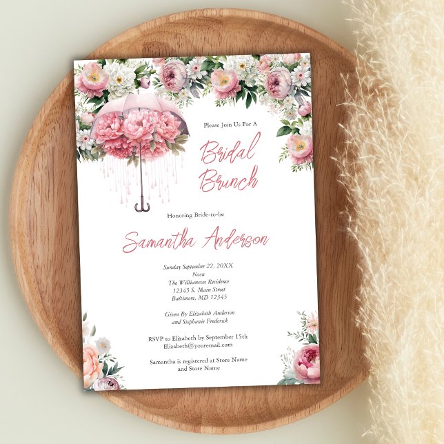 Convite Chá de panela de Guarda-chuvas Floral Branco rosa  (Pink White Watercolor Floral Umbrella Bridal Brunch Shower Invitation)