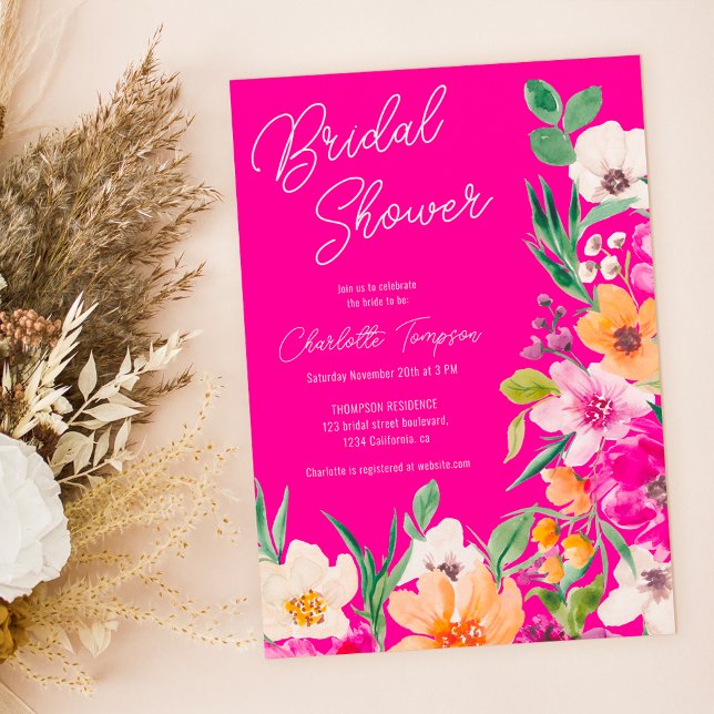 Convite Chá de panela de guião de flores silvestres, arroj (Bright bold wild flowers script bridal shower invitation on neon pink)