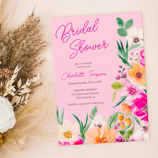 Convite Chá de panela de guião de flores silvestres, arroj (Bright bold wild flowers script bridal shower invitation)