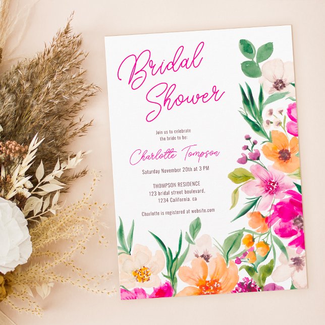 Convite Chá de panela de guião de flores silvestres, arroj (Bright bold wild flowers script bridal shower invitation)