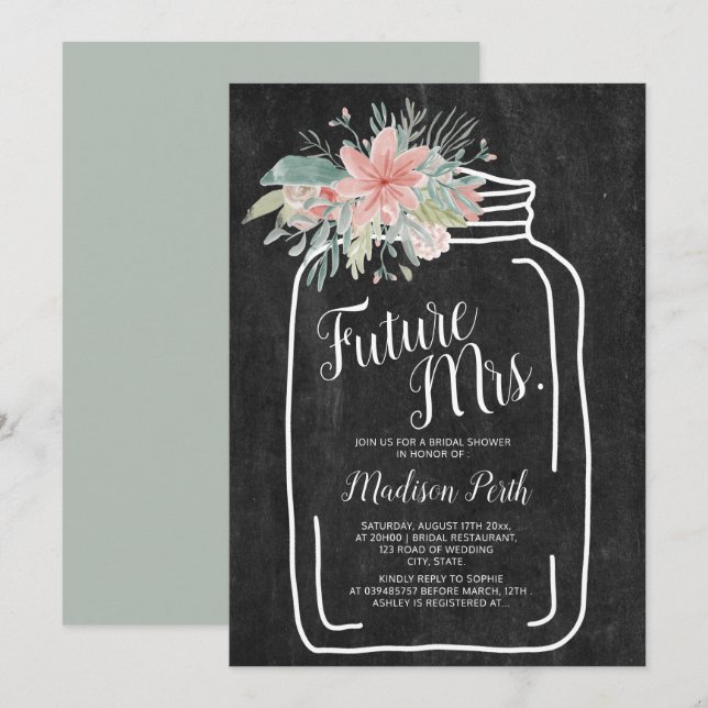 Convite Chá de panela de guião de jarro floral de giz de g (Frente/Verso)