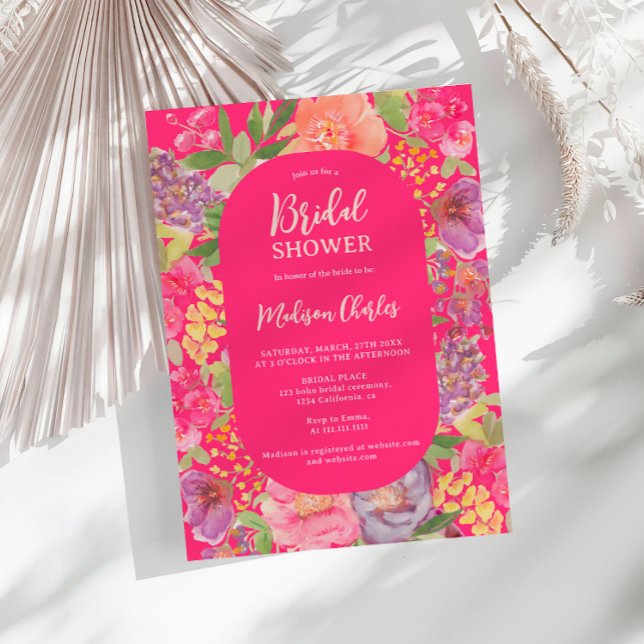 Convite Chá de panela de guião floral brilhante da Bohemia (Bohemian bright floral arch script bridal shower invitation)