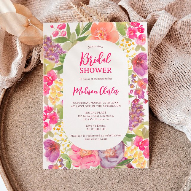 Convite Chá de panela de guião floral brilhante da Bohemia (Bohemian bright floral arch script bridal shower invitation)