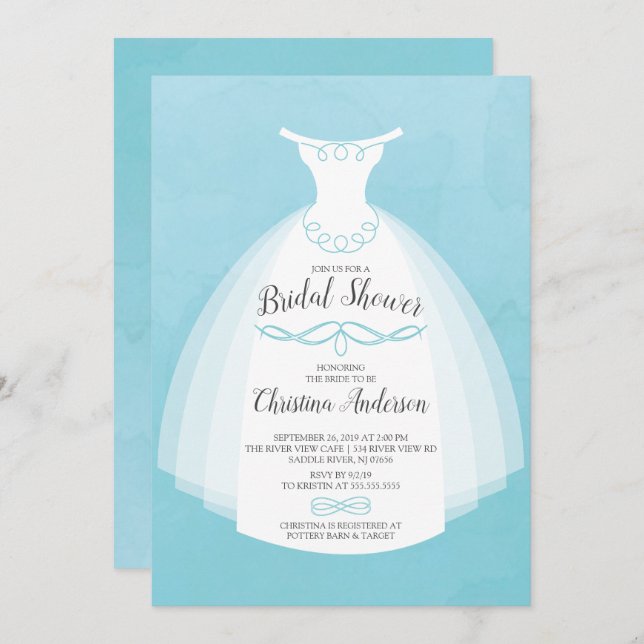 Convite Chá de panela de guindaste azul-aquarela (Frente/Verso)