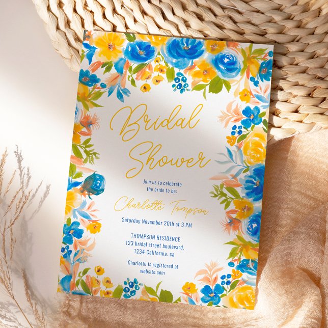 Convite Chá de panela de guisado de flores silvestres do c (Bright country wild flowers script bridal shower invitation)