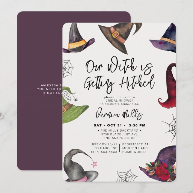 Convite Chá de panela de Halloween Roxo de Bruxa Atingida (Frente/Verso)