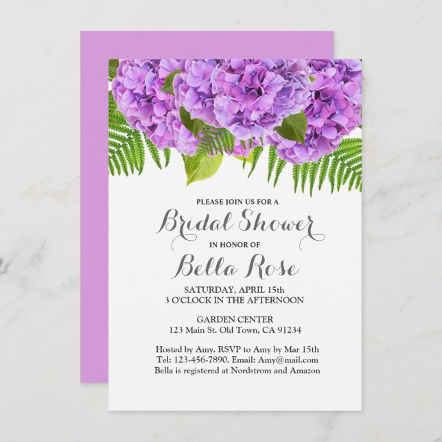 Convite Chá de panela de hidrangea roxa (Frente/Verso)