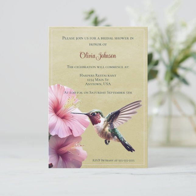 Convite Chá de panela de Hummingbird e Hibiscus | Amarela (Em pé/Frente)