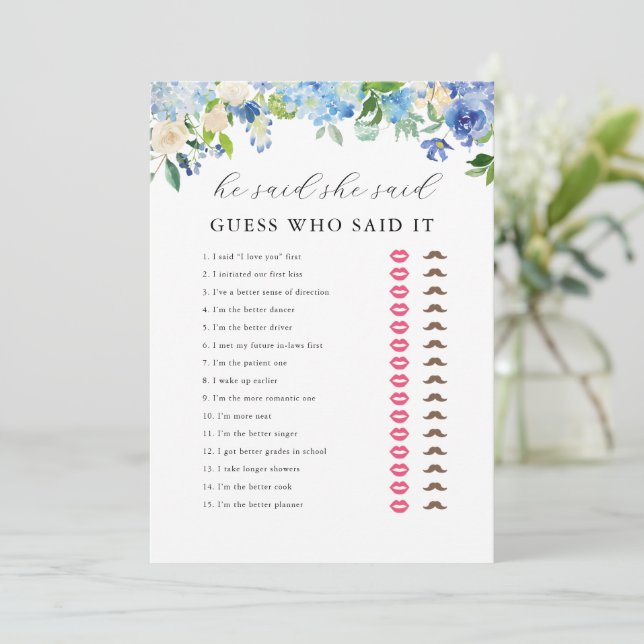 Convite Chá de panela de Hydrangea Azul Ele disse que ela  (Em pé/Frente)