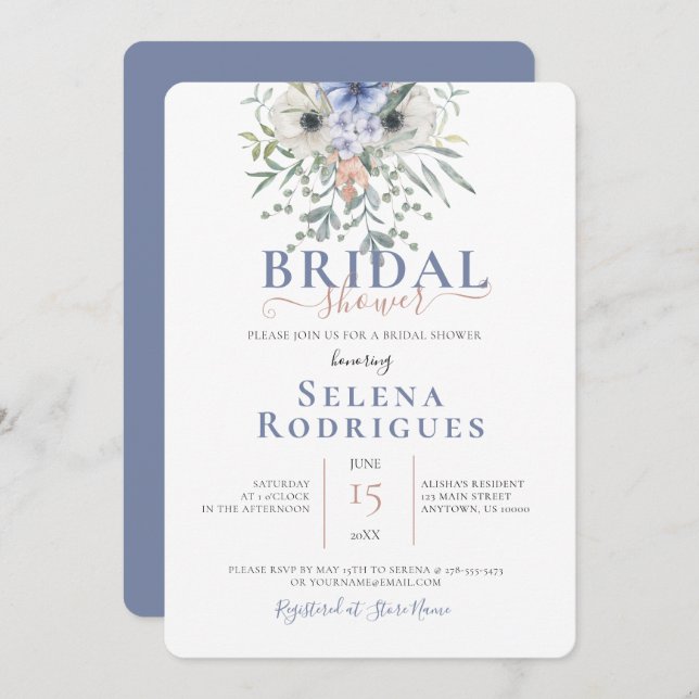 Convite Chá de panela de Ilustração de Buquê Azul (Frente/Verso)