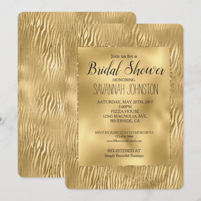 Convite Chá de panela de Impressão Zebra Dourada Glitz (Frente/Verso)