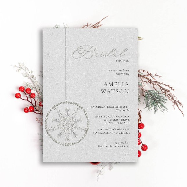 Convite Chá de panela de inverno branco com floco de neve  (winter bridal shower invitation christmas bauble snowflake bling rhinestones glitter white classy)