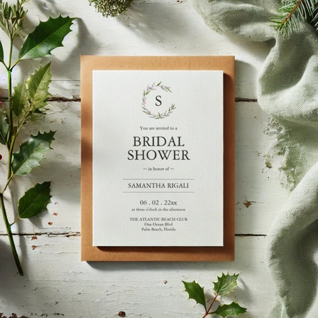 Convite Chá de panela de inverno com código QR (Bridal shower invitations Christmas botanical line art by Victoria Grigaliunas Do Tell A Belle)