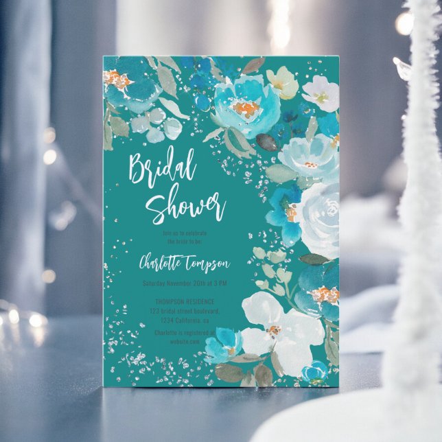 Convite Chá de panela de inverno com palha azul pintada à  (Hand Painted Blue Teal Floral Winter bridal shower Invitation)
