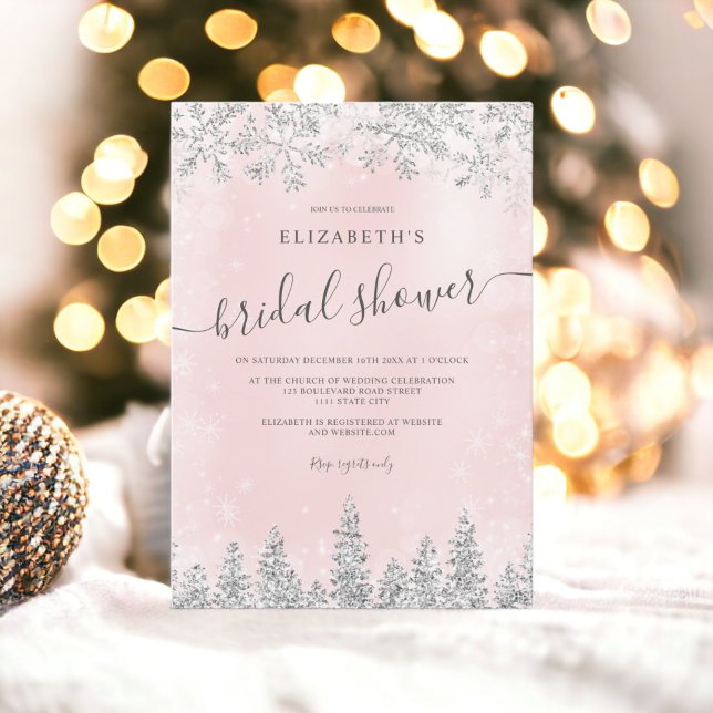 Convite Chá de panela de inverno com pinheiro rosa-prata (Silver blush pink snow pine winter bridal shower invitation)
