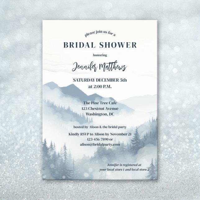 Convite Chá de panela de inverno da Pine Tree Forest (Watercolor winter bridal shower invitation featuring a hazy mountain scene with pine forests)