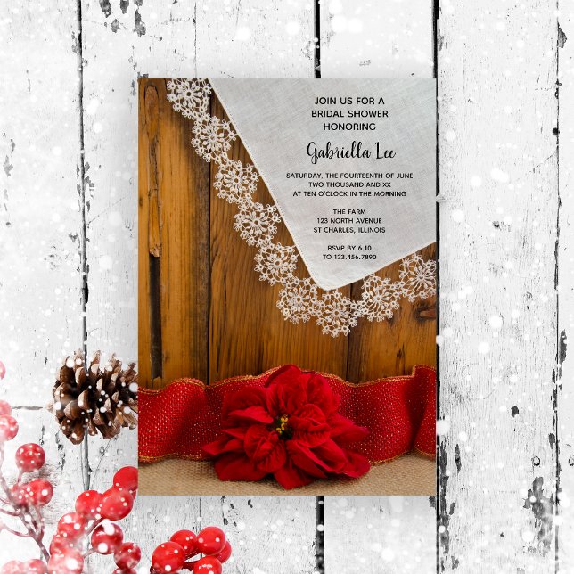 Convite Chá de panela de inverno Rustic Poinsettia Country (Set a warm festive tone for your bridal shower with this wintery rustic invitation.)