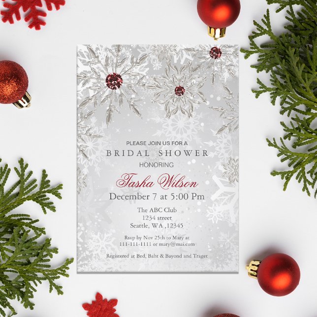 Convite Chá de panela de inverno Silver Red Crystal Snowfl (Silver Red Crystal Snowflakes Winter Bridal Shower Invitation)