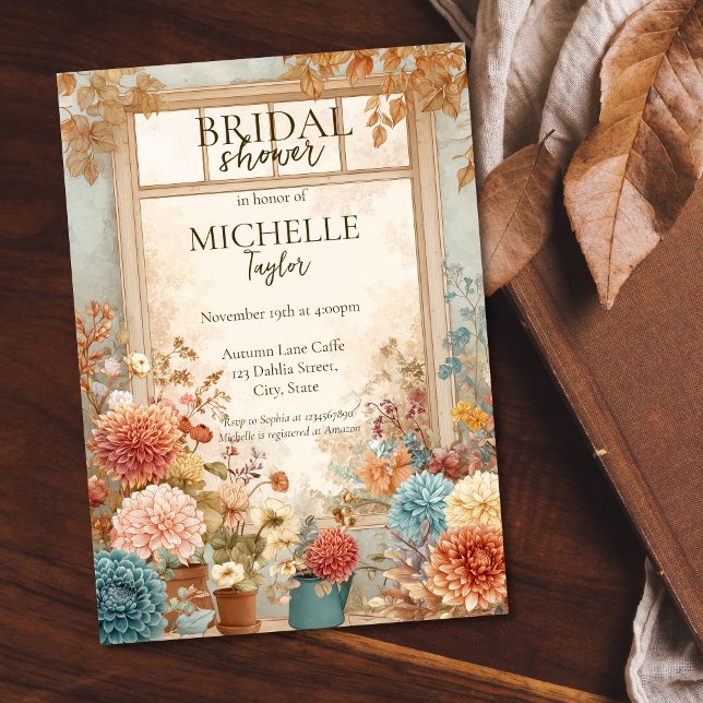 Convite Chá de panela de Jardim Flor do outono (florist shop window with autumn flowers watercolor bridal shower invitation)