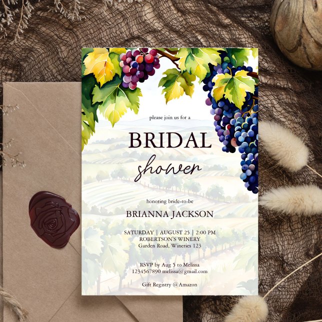 Convite Chá de panela de jardins de vinhedo de Verão (Vineyard winery summer grapes garden bridal shower invitation editable template instant download)