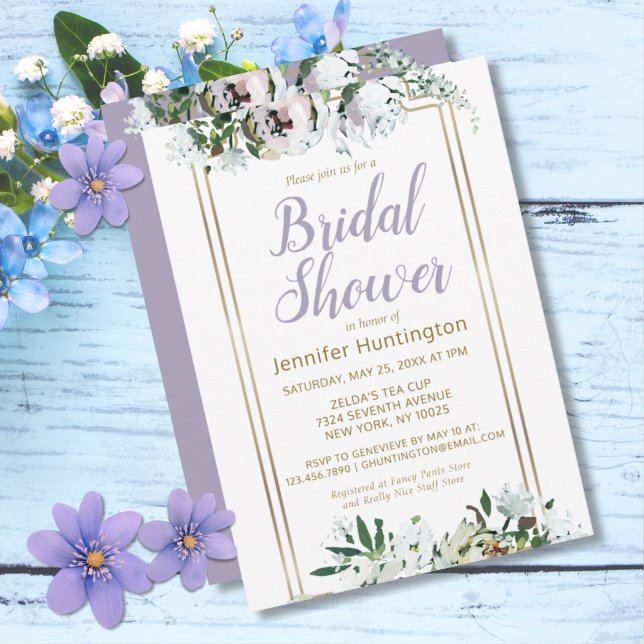 Convite Chá de panela de Lavanda Floral de Meio-Verão com  (Pretty Watercolor Rose Lavender Bridal Shower Invitation)