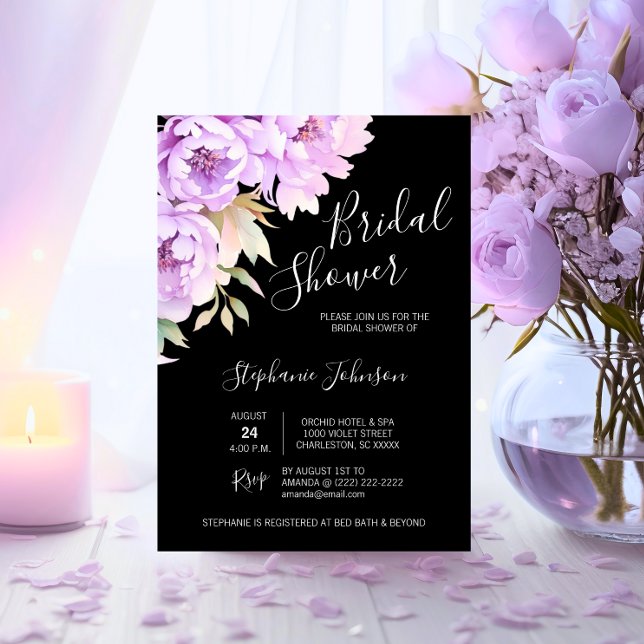 Convite Chá de panela de Lavanda Floral Roxo (Watercolor Floral Purple Lavender Bridal Shower Invitation)