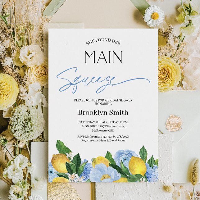 Convite Chá de panela de Lemon Floral Azul Moderno (Lemon Bridal Shower Invitation Template, She Found Her Main Squeeze Bridal Shower Invitation, Blue )