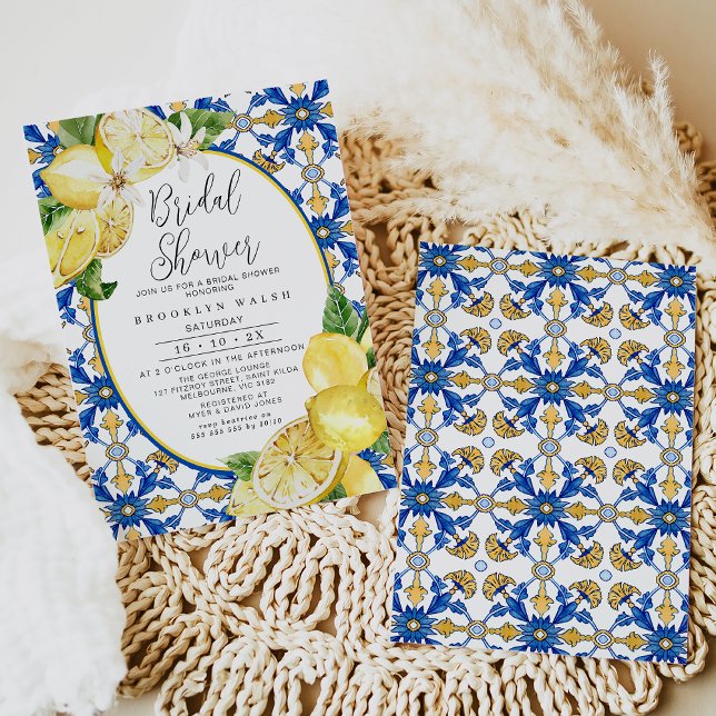 Convite Chá de panela de limão Azulejo amarelo azul (Blue and Yellow Lemon Bridal Shower Invitation Template easy to edit designed by Fig tree Design.)