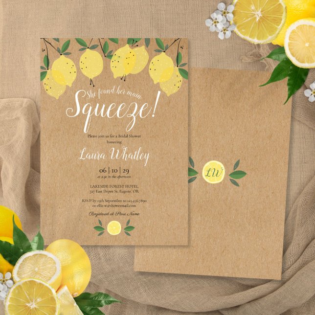 Convite Chá de panela de Limão de Aperto Principal (Main Squeeze Lemon Bridal Shower Rustic Invitation)